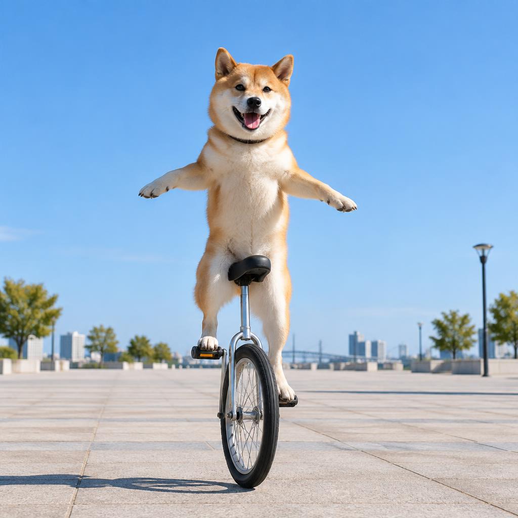 Shiba Inu balancing on a unicycle under a blue sky