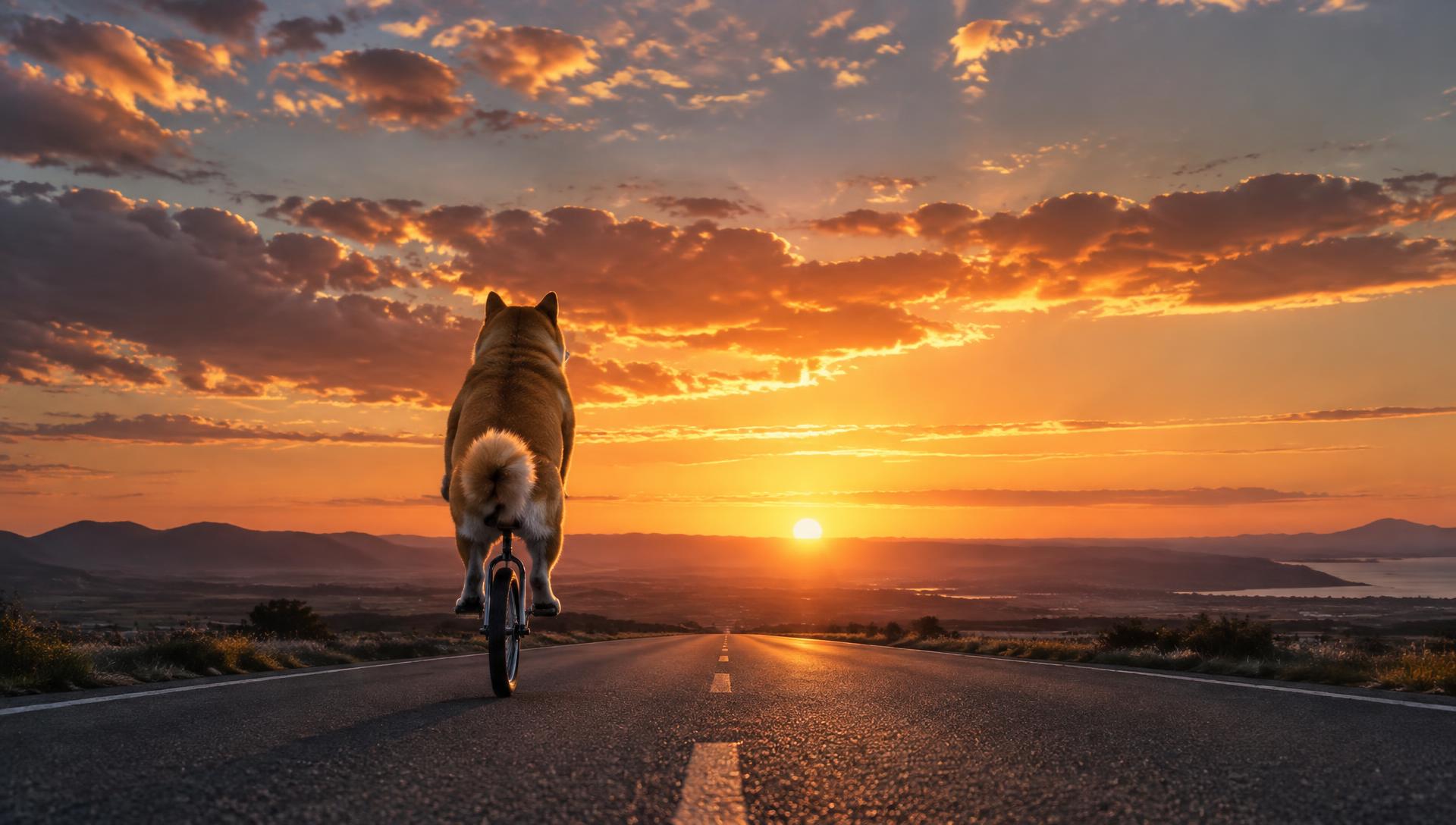 Shiba Inu riding a unicycle toward the horizon at sunset