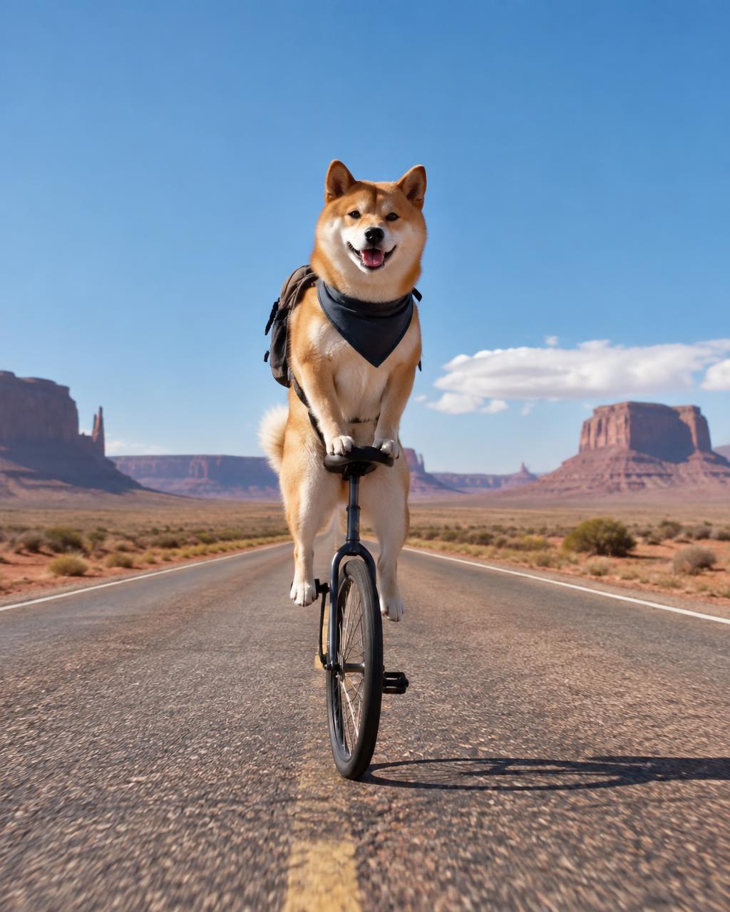 Shiba Inu riding a unicycle down a desert highway